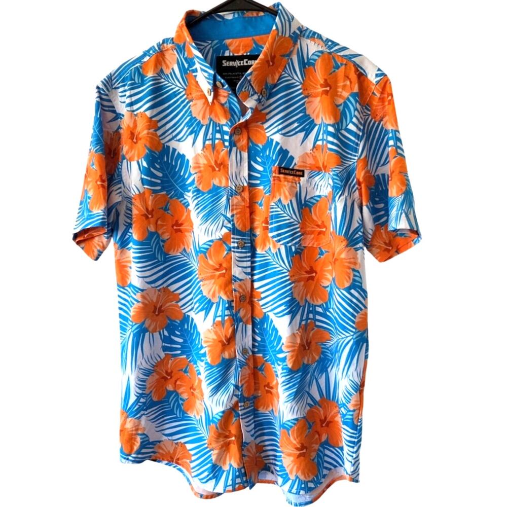 ServiceCore Hawaiian Large SHIRT Blue Orange Hibiscus Flowers Poly Spandex